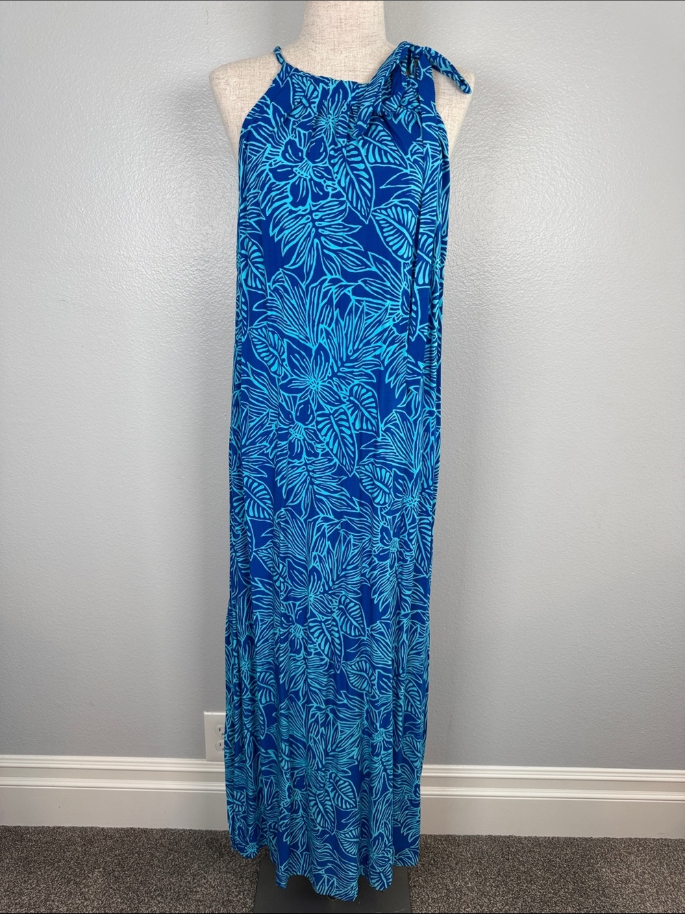 Blue Ginger Tropical Halter Maxi Dress Rayon Size Medium